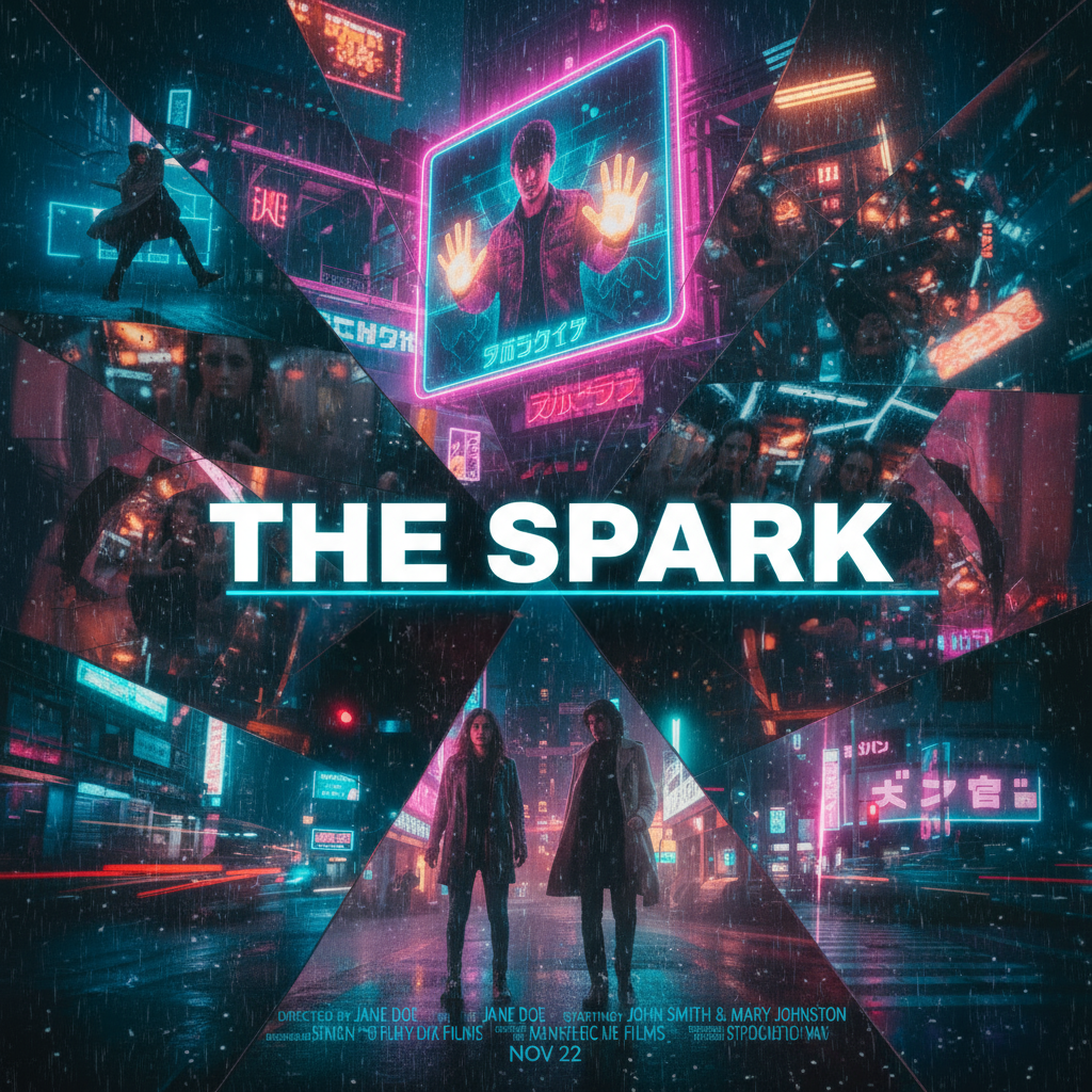 AI collage aus KI generierten Bildern die, wie ein Filmplakat Szenen aus dem Video the Spark Darstellen.